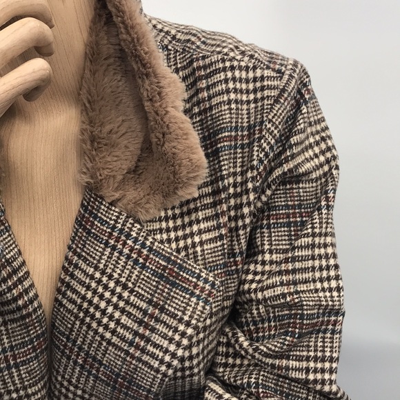 🆕 Mystree-Buckle Trench Coat Plaid Dark Academia Colorblock Faux Fur Collar - Picture 11 of 16